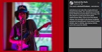 a photo of a man with a guitar in front of a red background